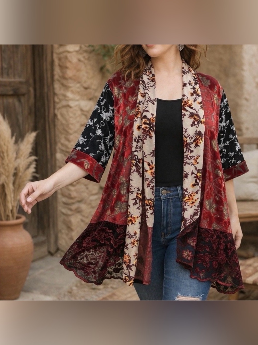 John Mark Kimono  Red Patchwork Burnout Velvet Mix Media Boho Hippie Artsy Sz M